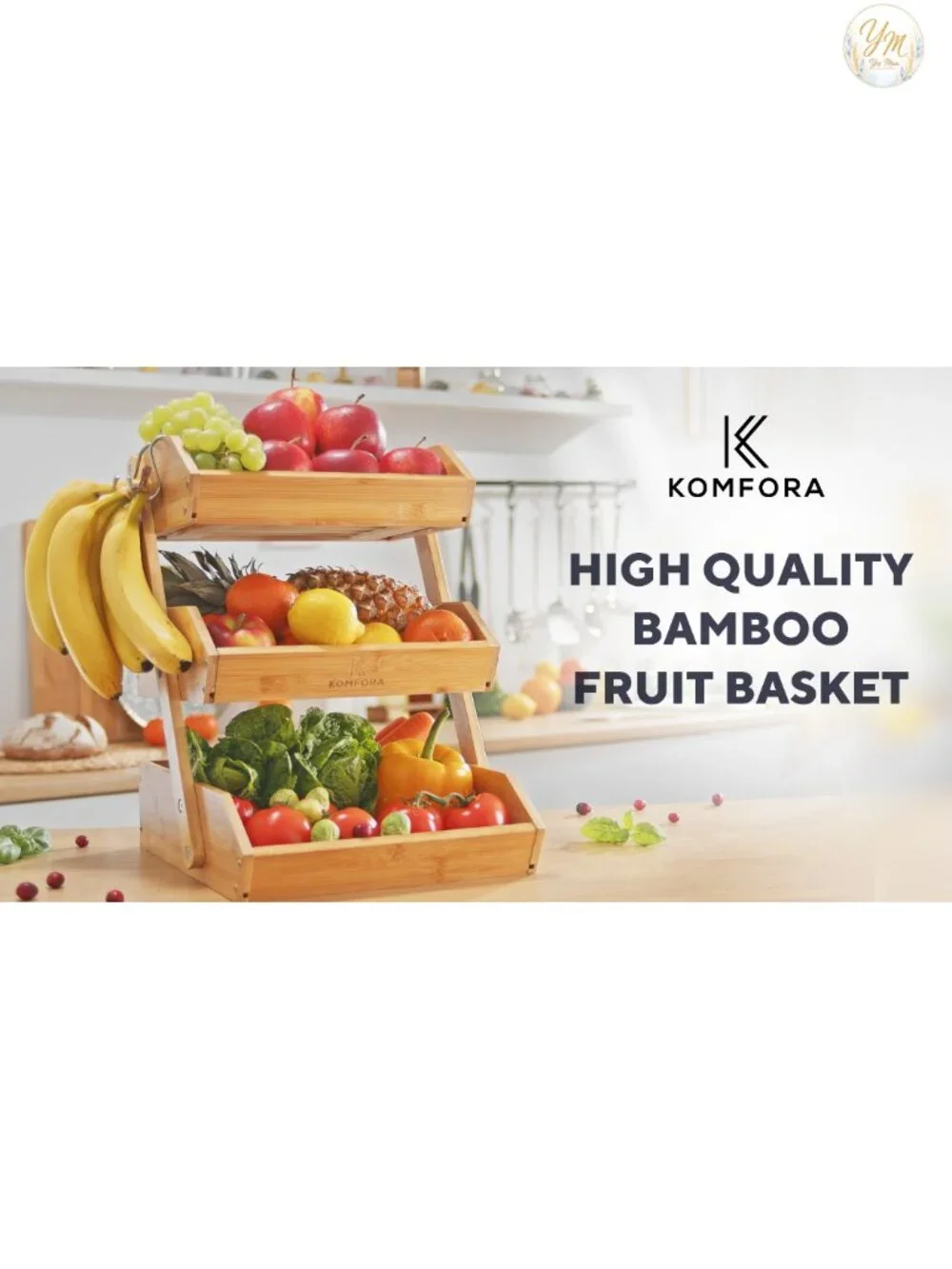 3 Tier Bamboo Fruit Basket with Wood Stand, Kitchen Counter Organizer